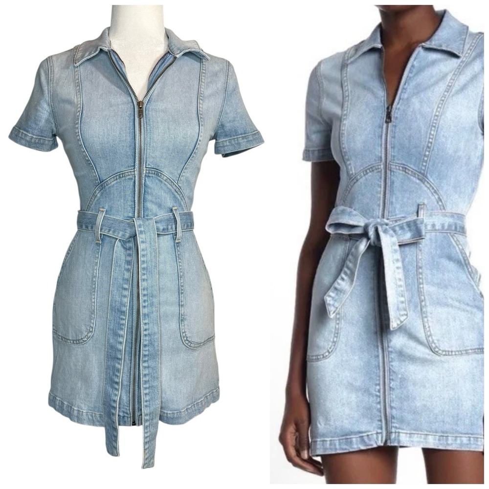 Alice + Olivia Jeans Blue Denim‎ Mini Dress Size 2 Zipper Front Pockets Belted